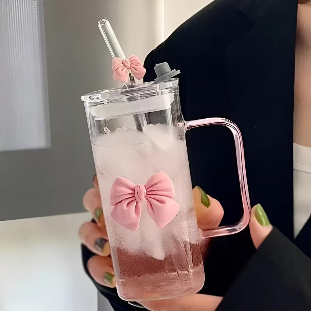 Square Pink Bow Glass Cup