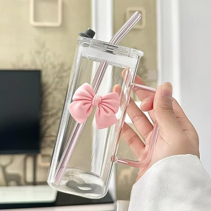 Square Pink Bow Glass Cup