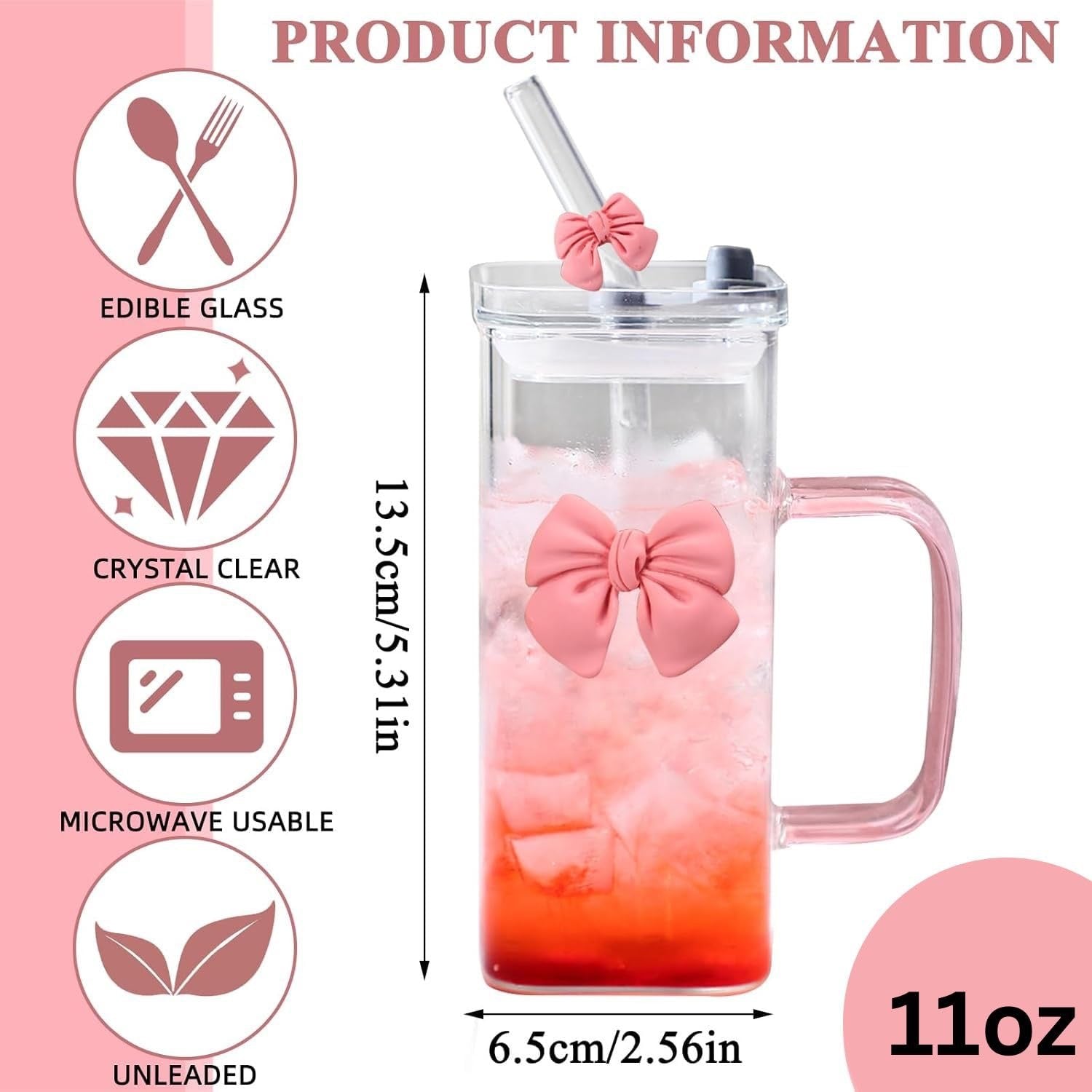 Square Pink Bow Glass Cup
